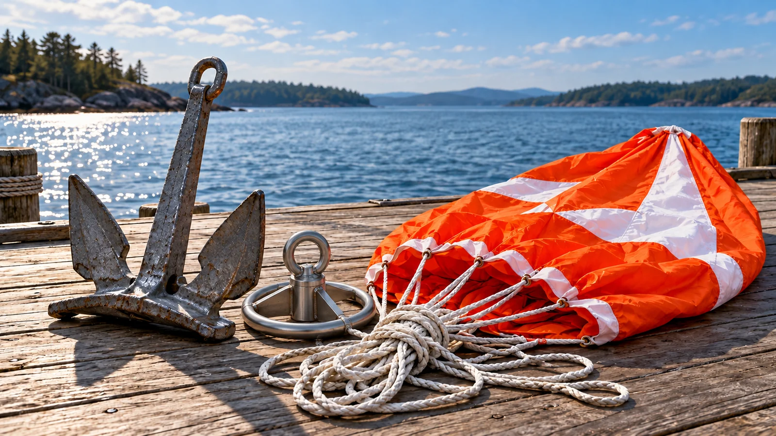 Ilustrasi perbandingan jangkar besi dengan kanopi parasut, tambang, dan modul stainless